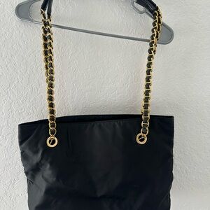 Black and Gold Structured Shoulder Bag with Chain Straps